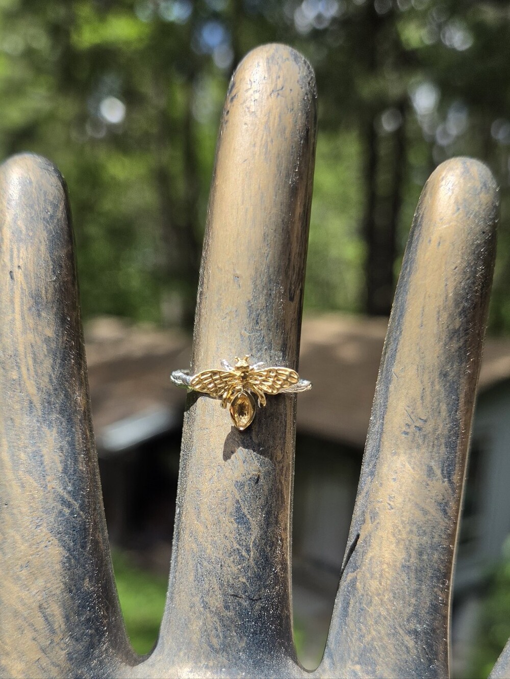 Citrine Natural Marquis Cut Sterling & Gold Bee Ring Sz6 - Picture 6 of 9